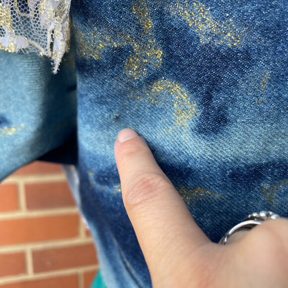 Vintage 80s Acid Wash Embellished Lace Batwing Denim Jacket | Size Large - Picture 8 of 16